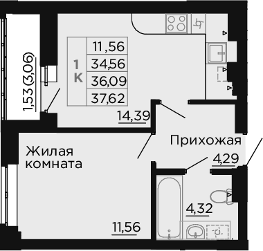 Планировка 1-комнатная 36,09 м²