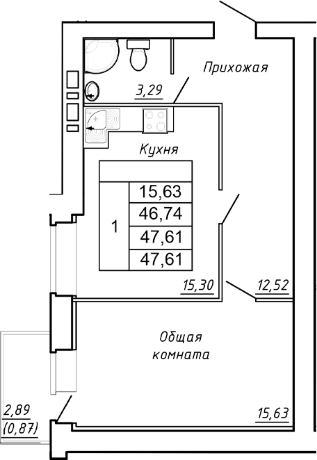 Планировка 1-комнатная 47,61 м²