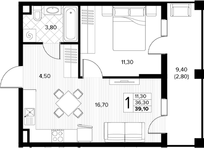 Планировка 1-комнатная 39,1 м²