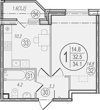 Планировка: 1-комн. квартира 34,1 м²