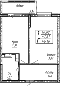 Планировка: 1-комн. квартира 46,2 м²