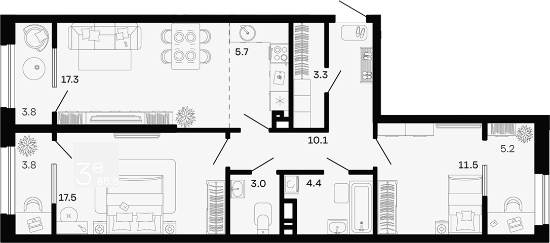 Планировка 3-комнатная 85,6 м²