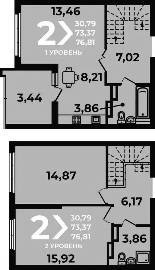 Планировка 3-комнатная 76,81 м²