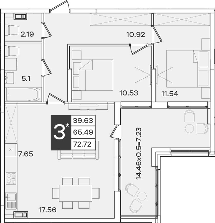 Планировка 3-комнатная 72,72 м²