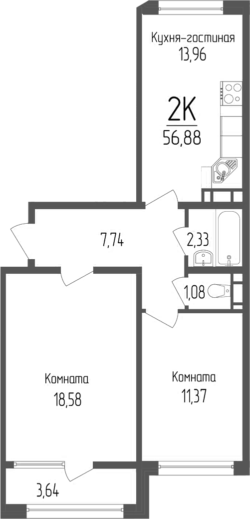 Планировка 2-комнатная 56,88 м²