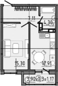 Планировка: 1-комн. квартира 44,9 м²