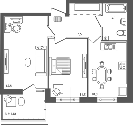 Планировка 2-комнатная 51,3 м²