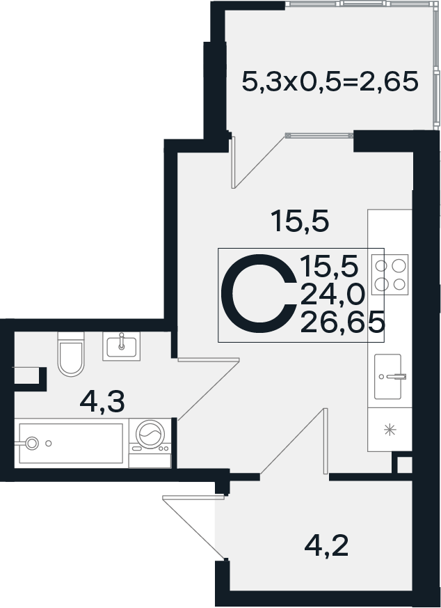 Планировка Студия 26,65 м²