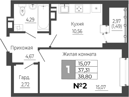 Планировка 1-комнатная 38,8 м²