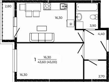 Планировка 1-комнатная 45 м²