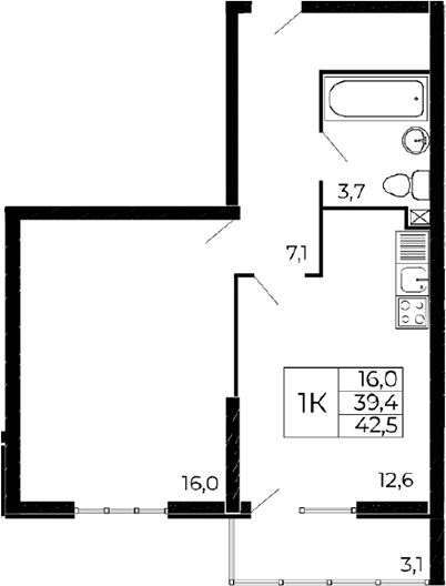 Планировка 1-комнатная 40,3 м²