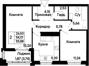 Планировка 2-комнатная 55,88 м²