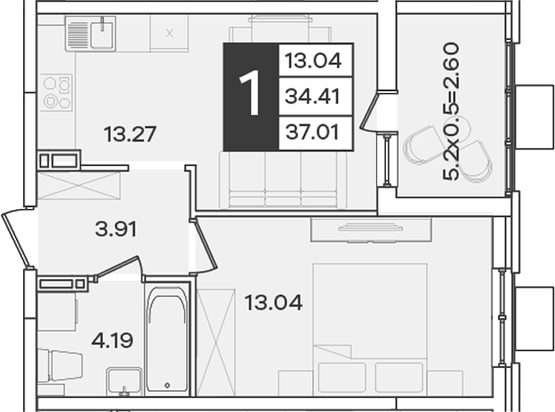 Планировка 1-комнатная 37,01 м²