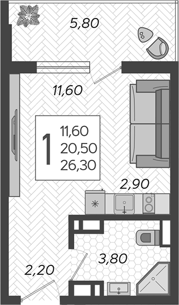 Планировка Студия 26,3 м²