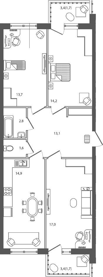 Планировка 3-комнатная 80,9 м²