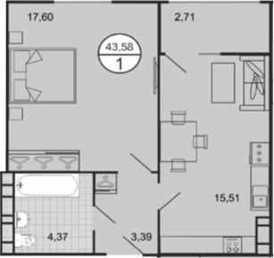 Планировка 2-комнатная 43,58 м²