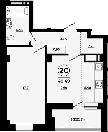 Планировка 2-комнатная 48,05 м²