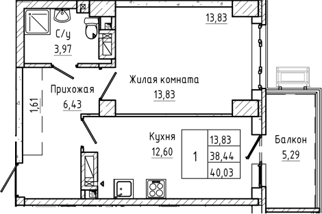 Планировка 1-комнатная 40,03 м²