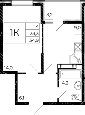 Планировка 1-комнатная 34,9 м²