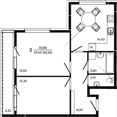 Планировка 2-комнатная 62,55 м²