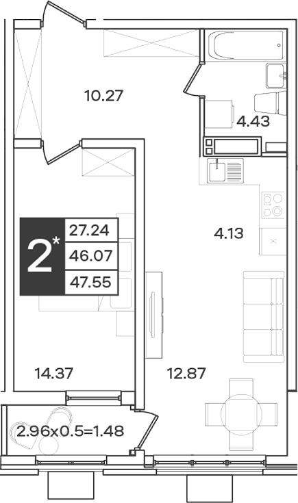 Планировка 2-комнатная 47,55 м²