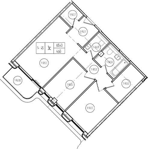 Планировка 3-комнатная 70,96 м²