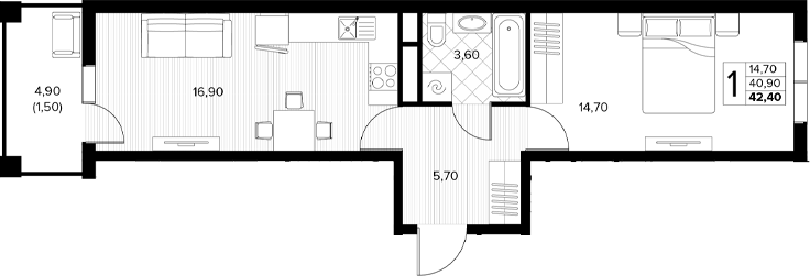 Планировка 1-комнатная 42,4 м²