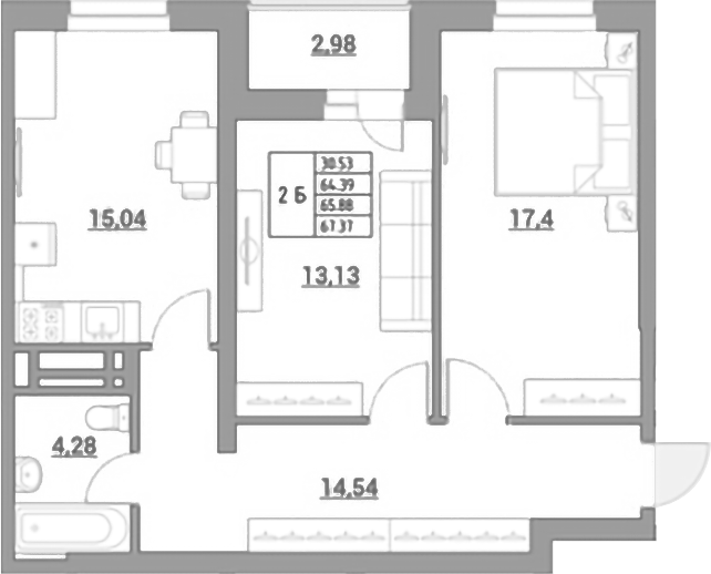 Планировка 2-комнатная 68,5 м²