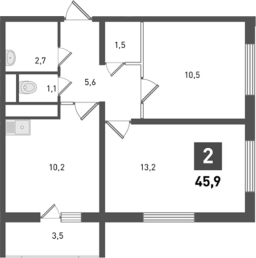 Планировка 2-комнатная 45,9 м²