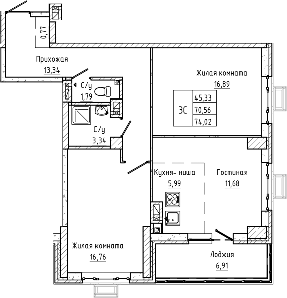 Планировка 3-комнатная 74,02 м²