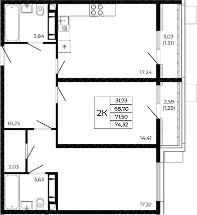 Планировка 2-комнатная 74,32 м²
