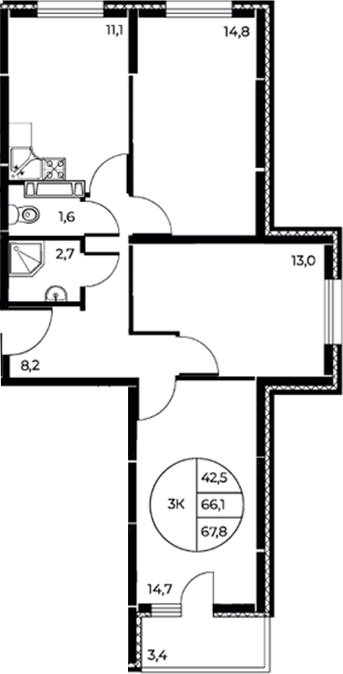 Планировка 3-комнатная 67,8 м²