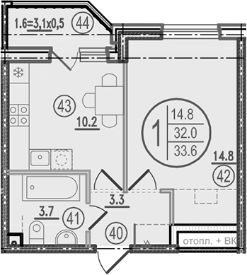 Планировка: 1-комн. квартира 33,6 м²