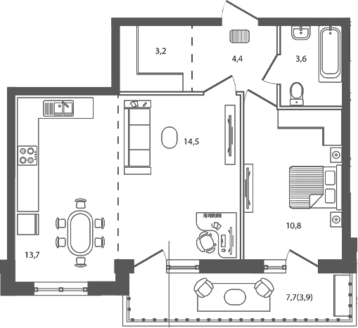 Планировка: 2-комн. квартира 54,1 м²