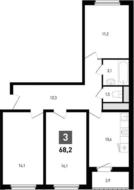 Планировка 3-комнатная 68,2 м²