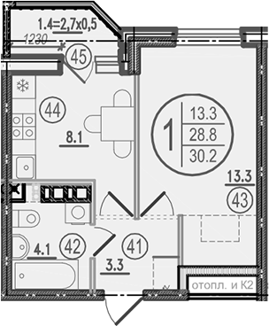 Планировка 1-комнатная 30,2 м²