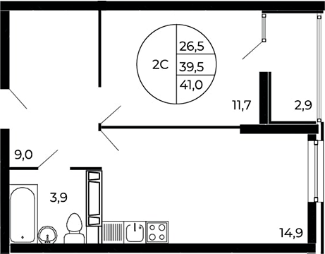 Планировка 1-комнатная 41 м²