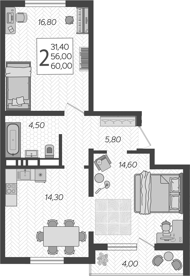 Планировка 2-комнатная 60 м²
