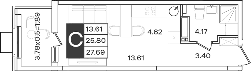 Планировка Студия 27,69 м²