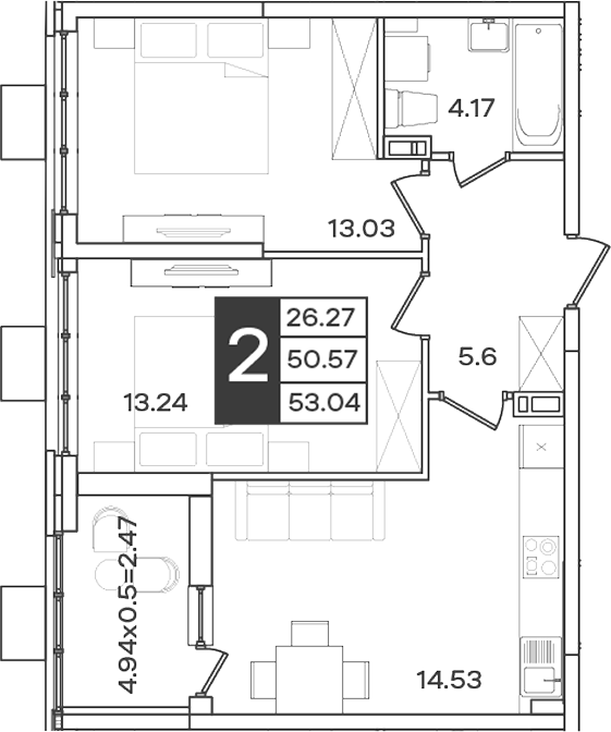Планировка 2-комнатная 53,04 м²