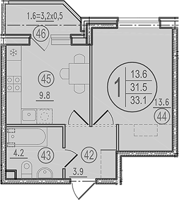 Планировка 1-комнатная 33,1 м²