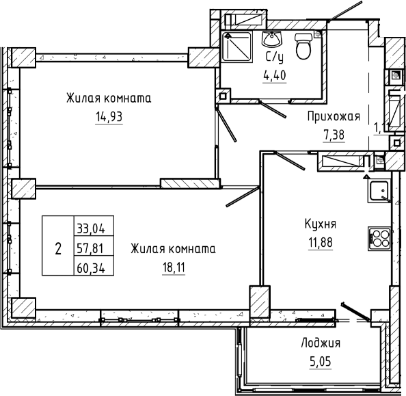 Планировка 2-комнатная 60,34 м²