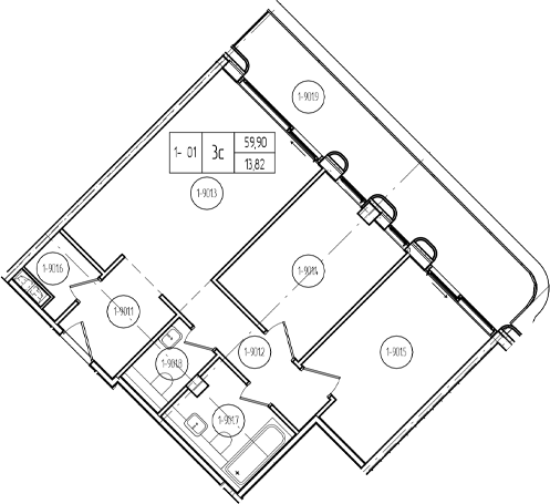 Планировка 3-комнатная 74,15 м²