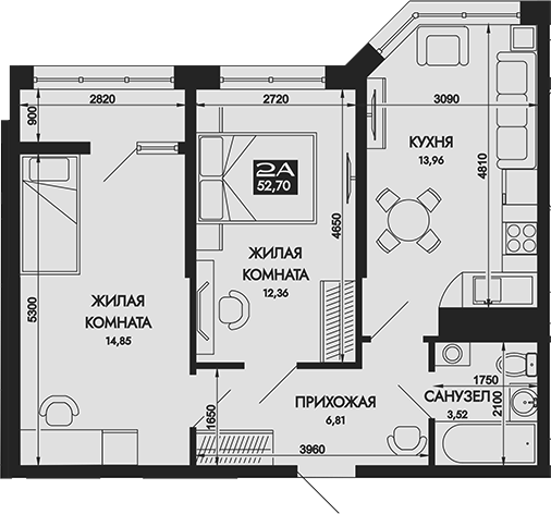 Планировка 2-комнатная 52,7 м²