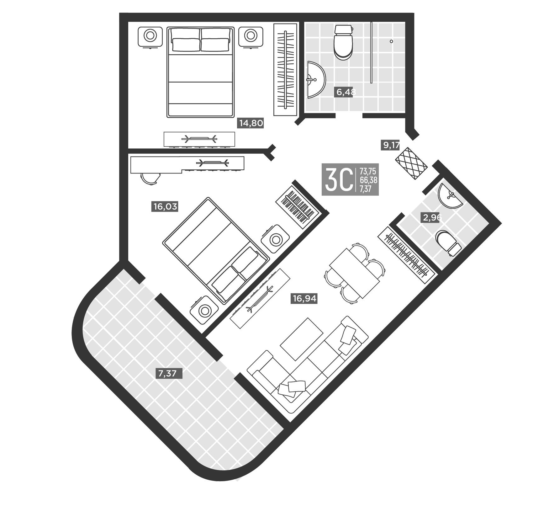 Планировка 3-комнатная 73,75 м²
