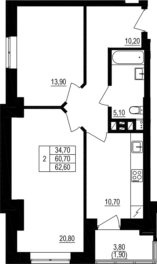Планировка 2-комнатная 65 м²