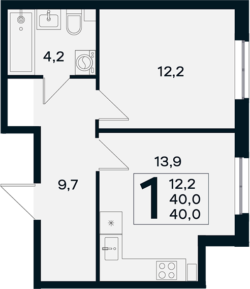 Планировка 1-комнатная 40 м²