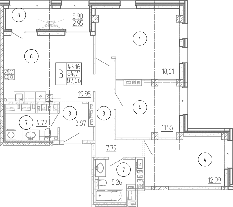 Планировка 3-комнатная 87,66 м²