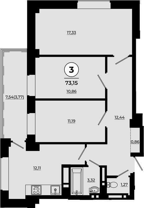 Планировка 3-комнатная 72,74 м²
