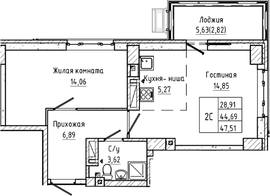 Планировка 2-комнатная 47,51 м²
